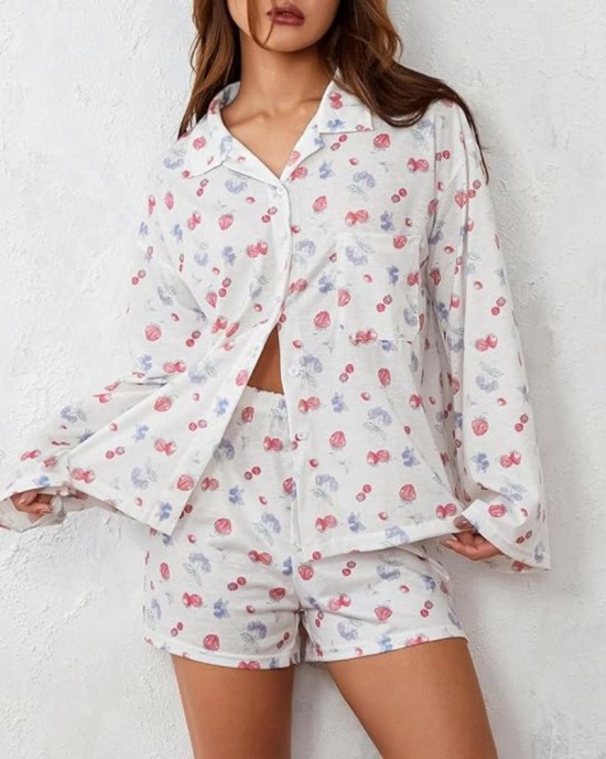 Printed Long Sleeves Button Shirt Shorts Set Printed Long Sleeves Button Shirt Shorts Set