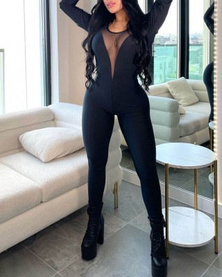 Bakc Open Skinny Long Sleeves Jumpsuit