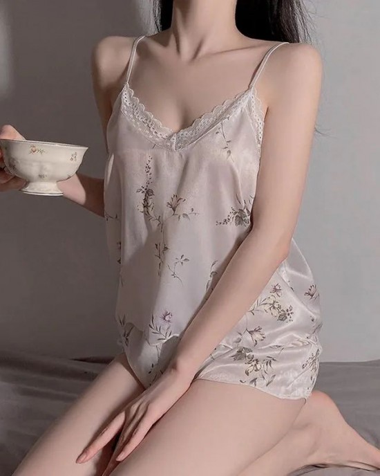Sexy Satin Lace Pajamas  Loungewear Set