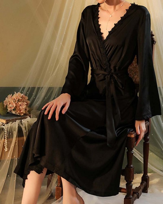 Sexy Nightgown Long Bathrobe Pajamas Women Long Sleeve Backless Women Satin Home Clothes Sexy Nightgown Long Bathrobe Pajamas Women Long Sleeve Backless Women Satin Home Clothes