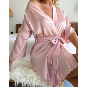 Cardigan Lace-Up Bathrobe Pajamas With Fringe