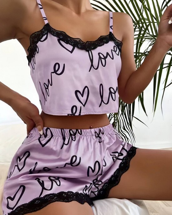 Lace Suspender Heart Print Pajama Set Lace Suspender Heart Print Pajama Set