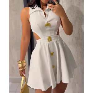 Ladies V-neck Metal Button Sleeveless Dress（Pre-Sale）
