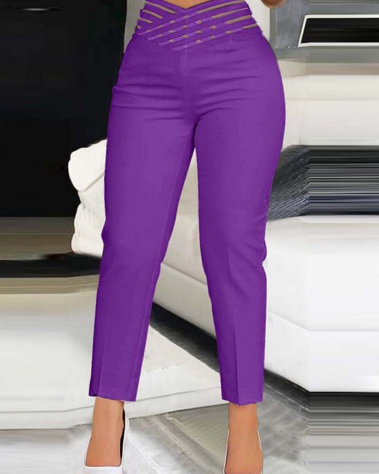 Casual Overlap Waist Hollow Out Work Pant High Waisted Pencil Stretch Pants for Women Trendy Casual Overlap Waist Hollow Out Work Pant High Waisted Pencil Stretch Pants for Women Trendy
