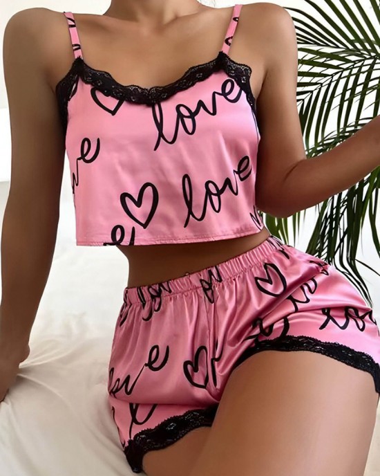 Lace Suspender Heart Print Pajama Set Lace Suspender Heart Print Pajama Set