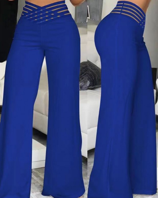Pants Wide Leg Y2k High Waist Pants Sexy Crisscross Sheer Mesh Office Chic Flared Trousers Spicy Kpop Street Casual Korean Female Pant