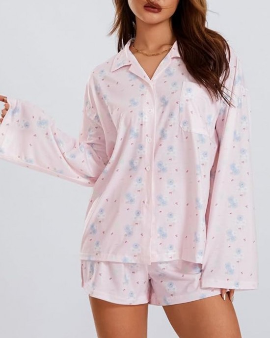 Printed Long Sleeves Button Shirt Shorts Set Printed Long Sleeves Button Shirt Shorts Set