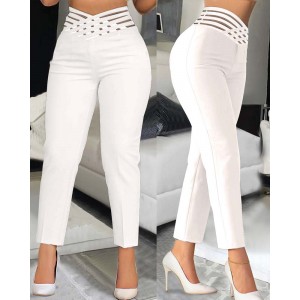 Casual Overlap Waist Hollow Out Work Pant High Waisted Pencil Stretch Pants for Women Trendy