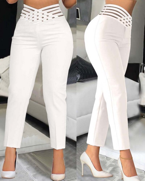 Casual Overlap Waist Hollow Out Work Pant High Waisted Pencil Stretch Pants for Women Trendy Casual Overlap Waist Hollow Out Work Pant High Waisted Pencil Stretch Pants for Women Trendy