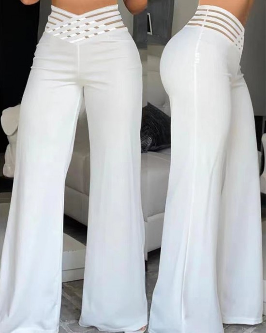 Pants Wide Leg Y2k High Waist Pants Sexy Crisscross Sheer Mesh Office Chic Flared Trousers Spicy Kpop Street Casual Korean Female Pant