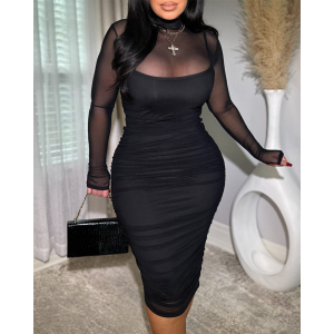 Women's Ruched Mesh Sheer Mock Neck Long Sleeve Midi Bodycon Dress