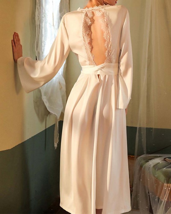 Sexy Nightgown Long Bathrobe Pajamas Women Long Sleeve Backless Women Satin Home Clothes Sexy Nightgown Long Bathrobe Pajamas Women Long Sleeve Backless Women Satin Home Clothes
