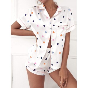 Cozy Heart Print Women's Pajama Set - Short Sleeve Button-Up Top and Elastic Waist Shorts
