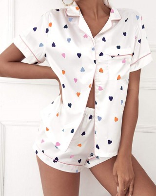 Cozy Heart Print Women's Pajama Set - Short Sleeve Button-Up Top and Elastic Waist Shorts