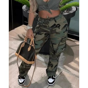 High-Rise Straight-Leg Camouflage Cargo Trousers