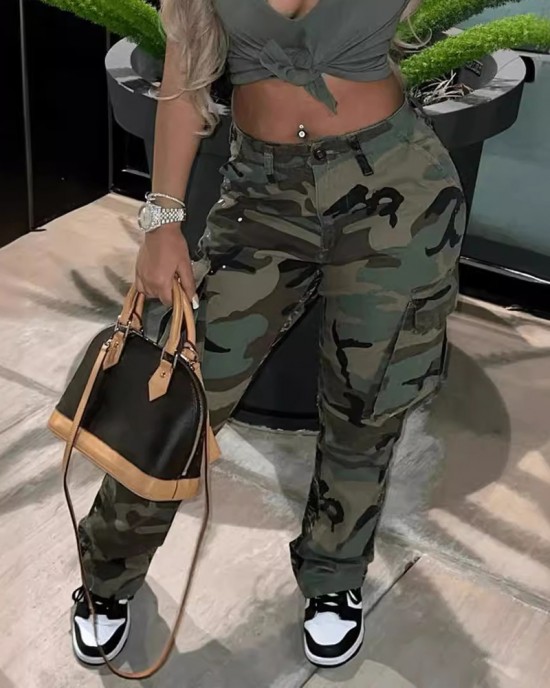 High-Rise Straight-Leg Camouflage Cargo Trousers