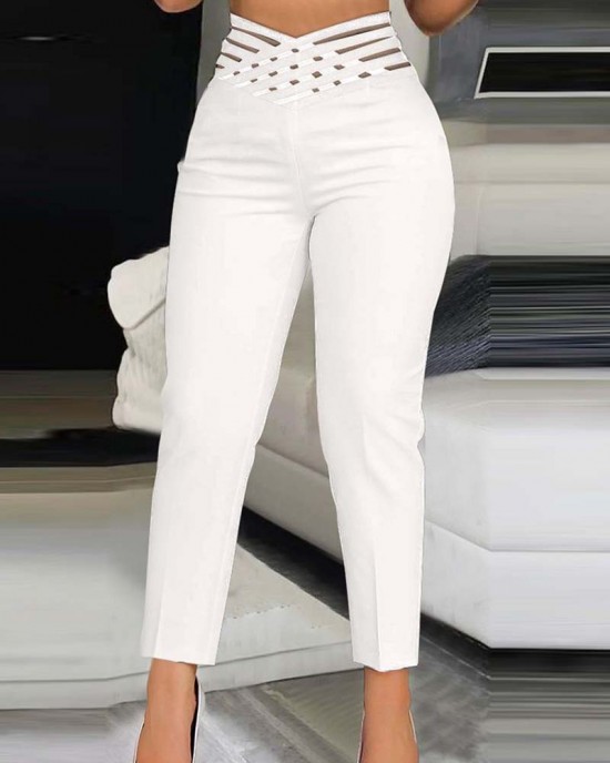 Casual Overlap Waist Hollow Out Work Pant High Waisted Pencil Stretch Pants for Women Trendy Casual Overlap Waist Hollow Out Work Pant High Waisted Pencil Stretch Pants for Women Trendy
