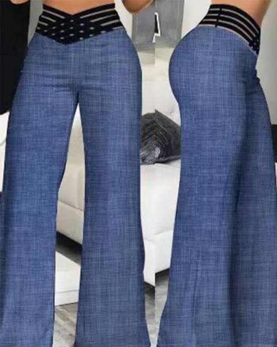 Pants Wide Leg Y2k High Waist Pants Sexy Crisscross Sheer Mesh Office Chic Flared Trousers Spicy Kpop Street Casual Korean Female Pant