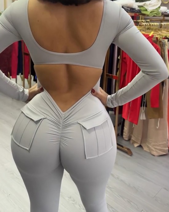 Back Pocket Open Back Yoga Bodysuit Back Pocket Open Back Yoga Bodysuit