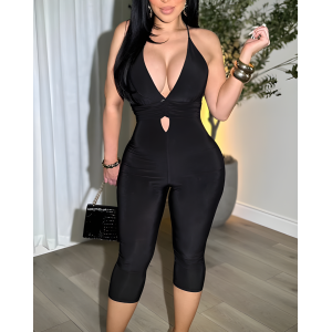 Deep V-Neck Slim Mesh Bodycon Jumpsuit（Pre- Sale)