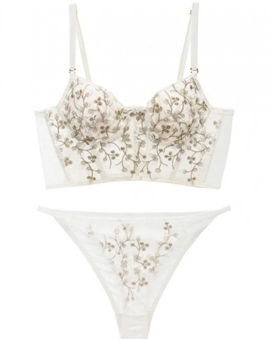 Embroidered Lace and Steel Bone Overlay French Lingerie Bra Set