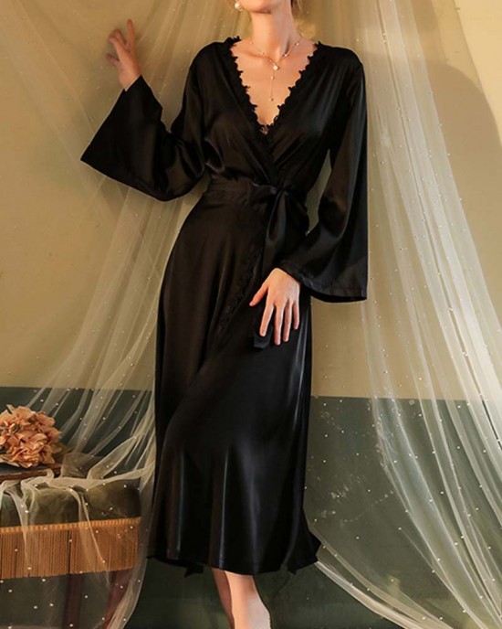 Sexy Nightgown Long Bathrobe Pajamas Women Long Sleeve Backless Women Satin Home Clothes Sexy Nightgown Long Bathrobe Pajamas Women Long Sleeve Backless Women Satin Home Clothes