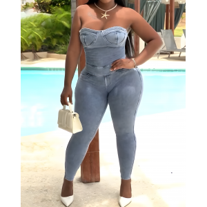 Bandeau Back Tie Slim Denim Jumpsuit