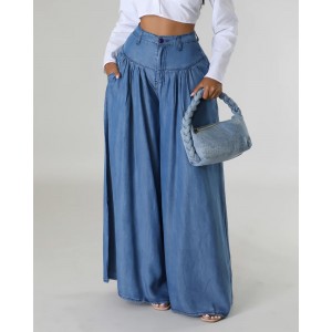 High Waist Zipper Wide Leg Denim Women Pants Jeans Casual Floor Loose Ladies Spring Longs Feminine Skirt Trousers
