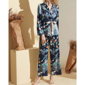 Lapel Printed Satin Pajama Set