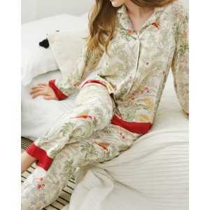 Contrast Color Plant Ice Silk Pajamas Set