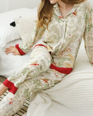 Contrast Color Plant Ice Silk Pajamas Set