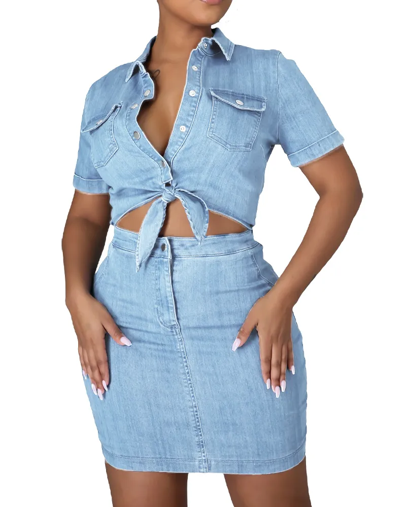 Womens Sexy 2 Pieces Denim Outfits Button Shirt Package Hip Denim Dress Set Womens Sexy 2 Pieces Denim Outfits Button Shirt Package Hip Denim Dress Set