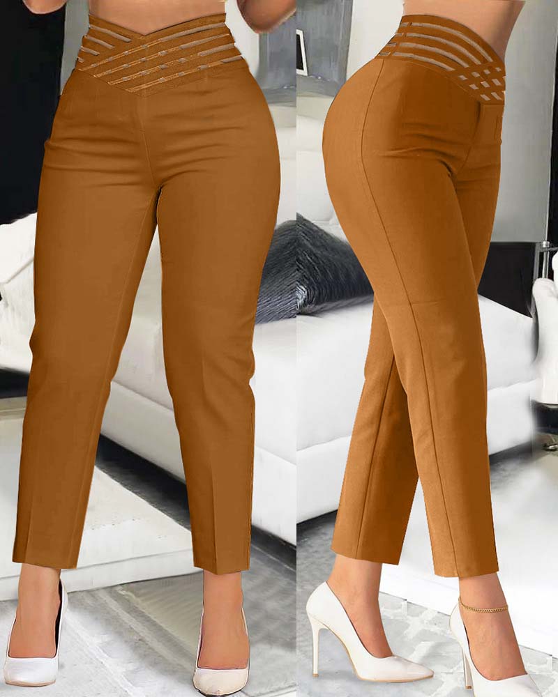 Casual Overlap Waist Hollow Out Work Pant High Waisted Pencil Stretch Pants for Women Trendy