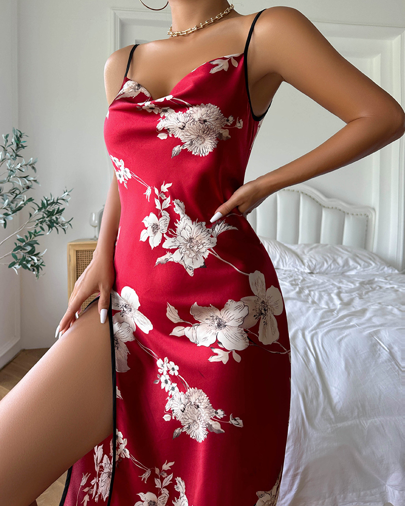 Floral Print Ice Silk Sling Nightdress Floral Print Ice Silk Sling Nightdress