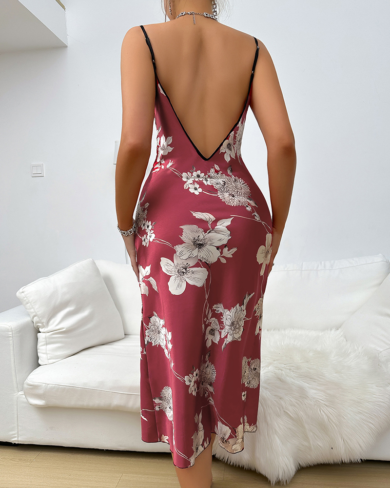 Floral Print Ice Silk Sling Nightdress Floral Print Ice Silk Sling Nightdress